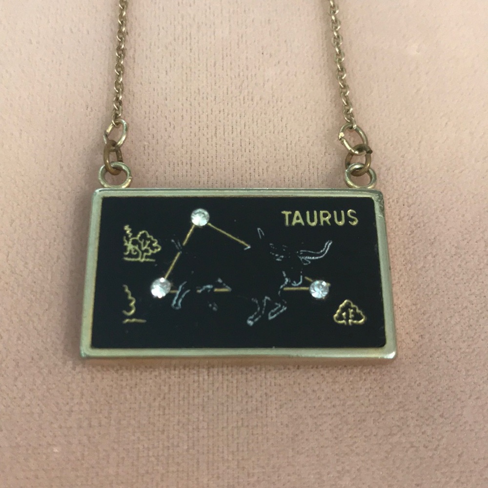 Gold Vintage Zodiac Taurus Necklace with Crystals